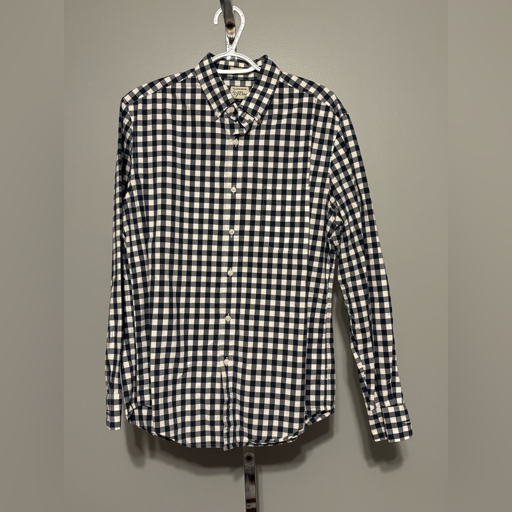 J Crew gingham check cotton button down shirt button collar‎ Med Navy and white